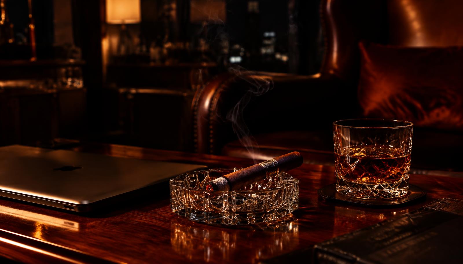 Lit cigar beside a whiskey glass in a leather lounge